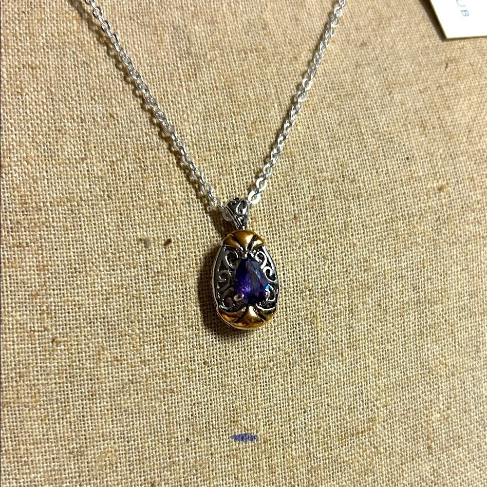 Elegant‎ Silver and Gold Pendant purple center stone   Necklace